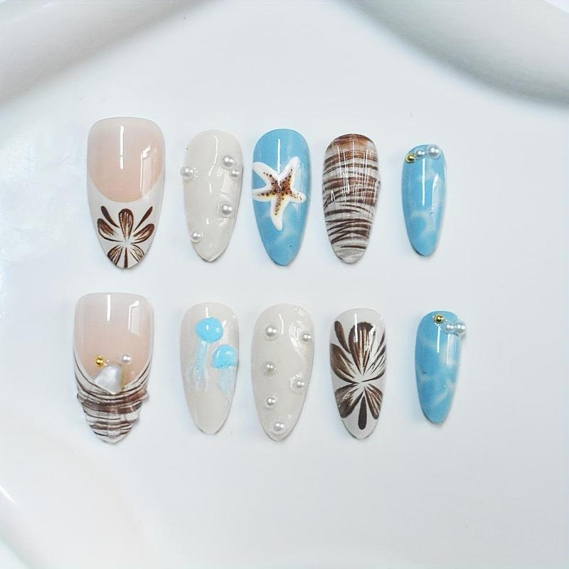 10 Pcs Medium Almond Press-On Nail Set, Includes 3D Ocean Shell, Starfish, Pearl Decorations, Hand-Painted Floral Details, Easy DIY Beach Vacation & Daily Charm Nails