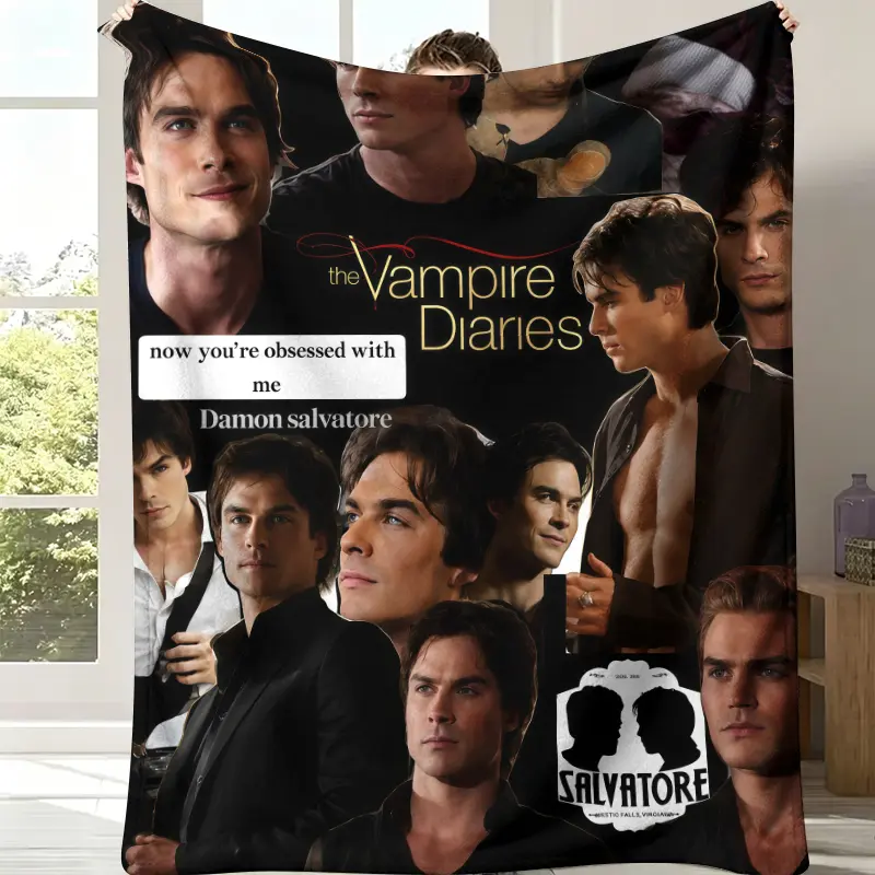The Vampire Diaries Damon Salvatore Collage Flannel Throw Blanket - Solid Black Background,Multi-Portrait Ian Somerhalder Montage, "Now You're Obsessed With Me" Quote, Salvatore Logo, Soft Fleece, TVD Fan Gift, Dark Bedroom Decor, Dark Room Aesthetic, Mon