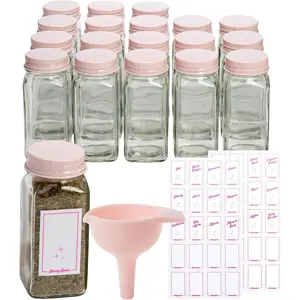 Glass Spice Jar Storage Set, 4-Ounce Empty Spice Jars with Labels, Shaker Caps and Metal Lids, Collapsible Funnel Included, 20-Piece, Pink