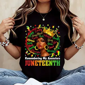 Juneteenth Celebration Afro Queen With Crown And Words T Shirt Crew Neck Casual Wear For Everyday Activities