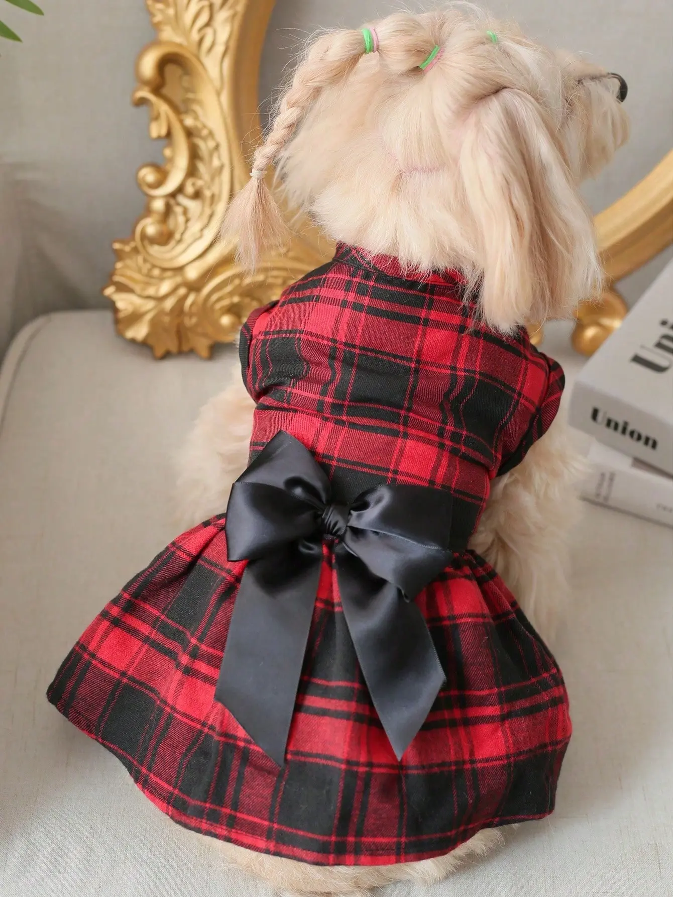 AESS x PETSIN Red & Black Plaid Bow Decor Pet Dress Dog Cat Pet Apparel Puppy Kitten Fashion Cute Adorable Holiday Party Small Medium Outfit
