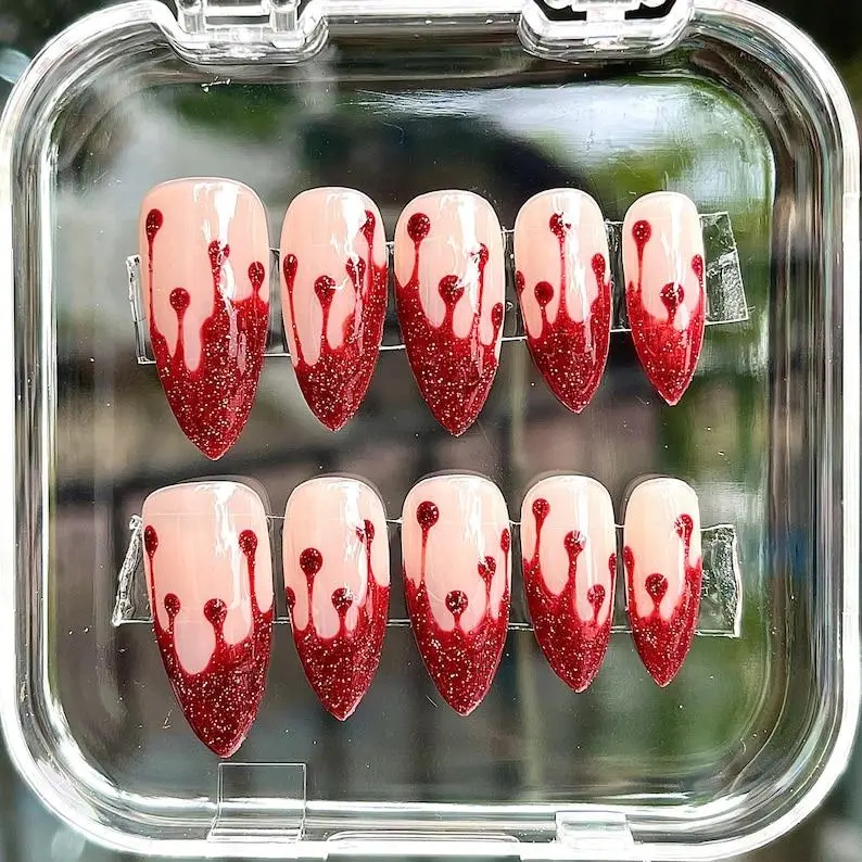 Blood Drip Glitter Red Press On Nails - French Halloween Handmade Reusable Custom Fingernails - Gel Fake Nails - Glue on Nails