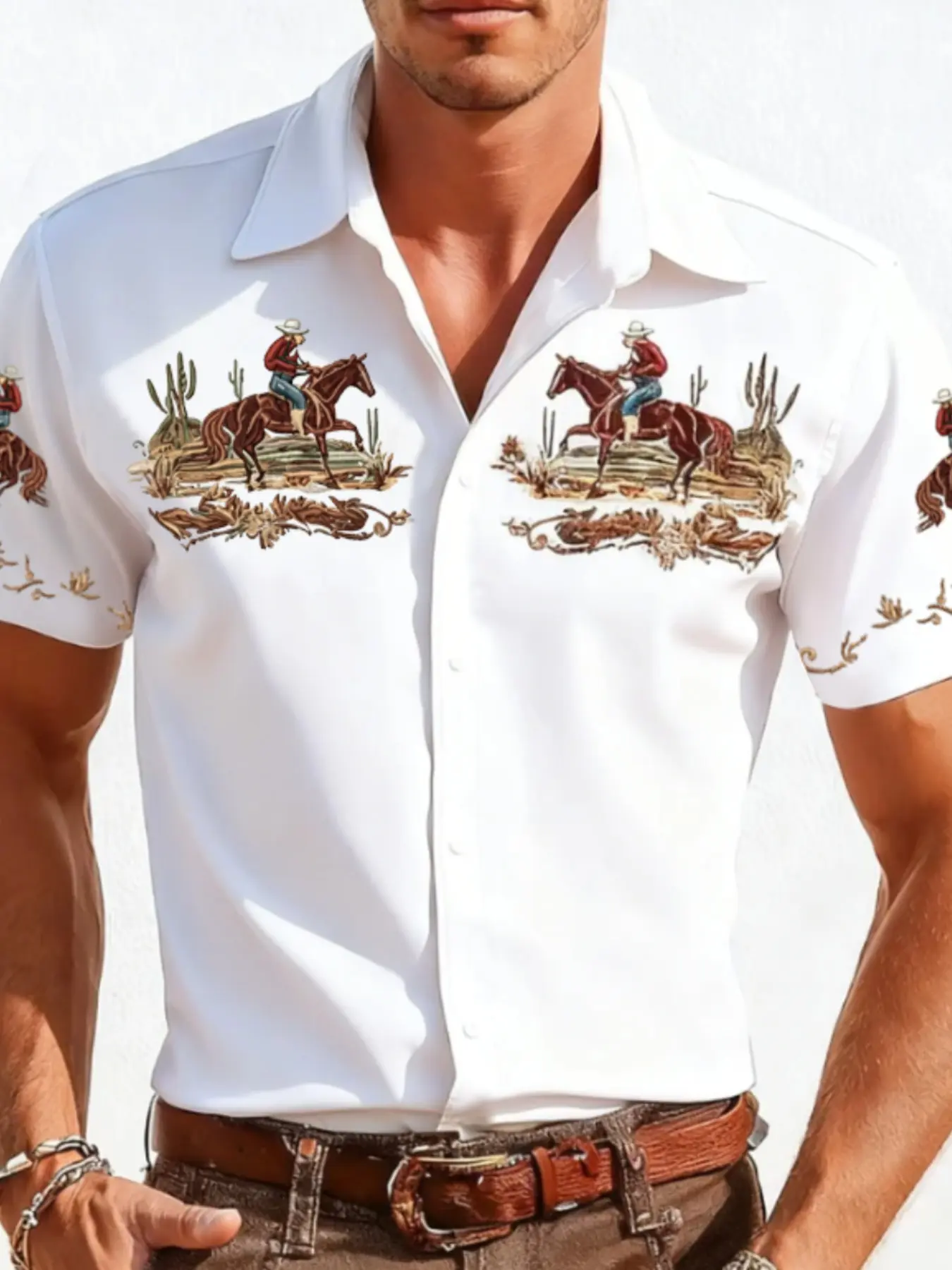 Men's Western Cowboy Casual Printed Short Sleeve Collared Shirt, Vintage Classic Desert Horse Cactus Pattern, Casual Button-Up Shirt, American Retro Cowboy Style Top, Country Summer Shirt