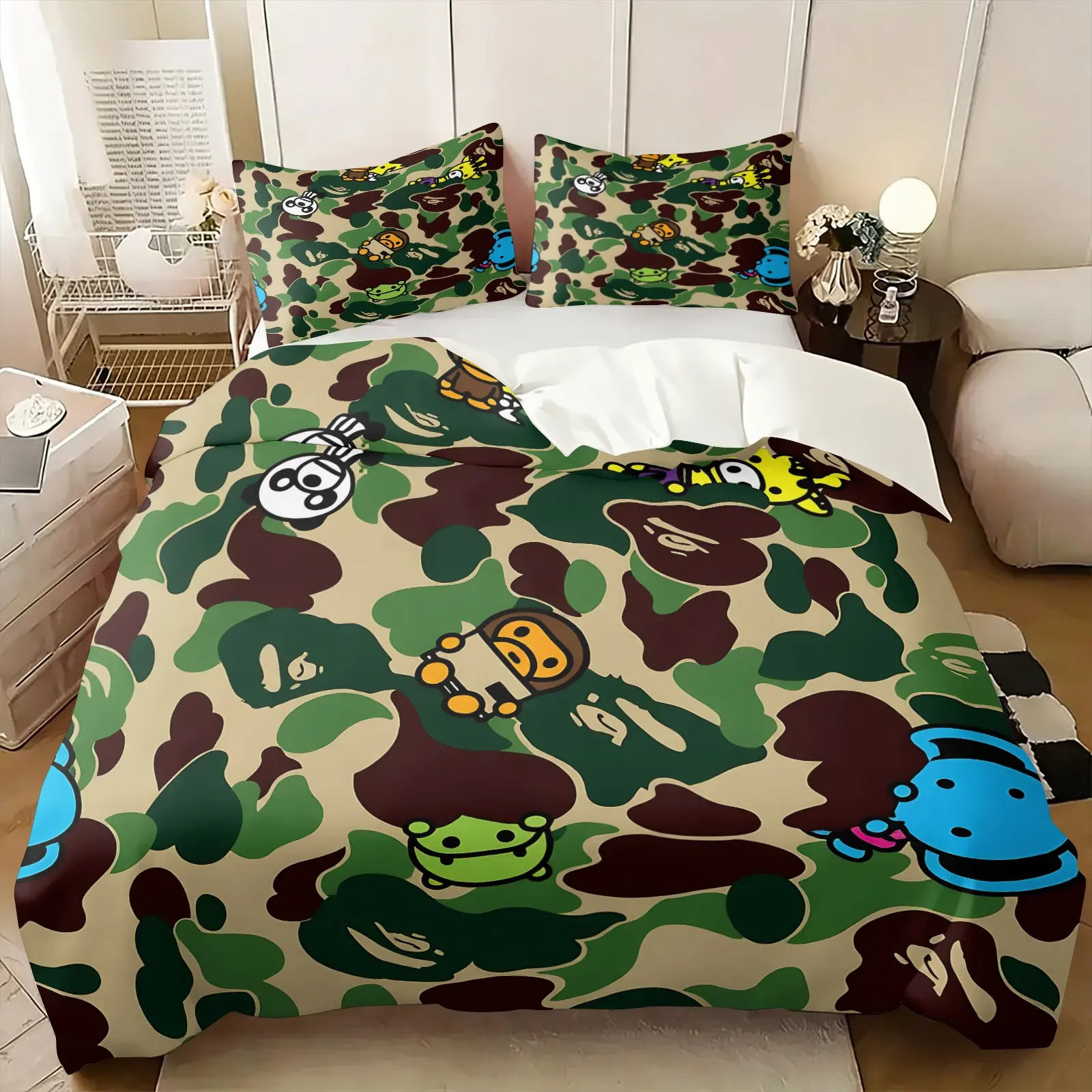 Camo Cartoon Animals Duvet Cover Set, Include One Comforter Cover and 1/2 Pillowcases, Green Camouflage Print Bedroom Decor Quilt Cover, Skin-Friendly Soft Home Dorm Bedding Pattern Duvet Cover Printed Bedding Set, Decorative Duvet Cover