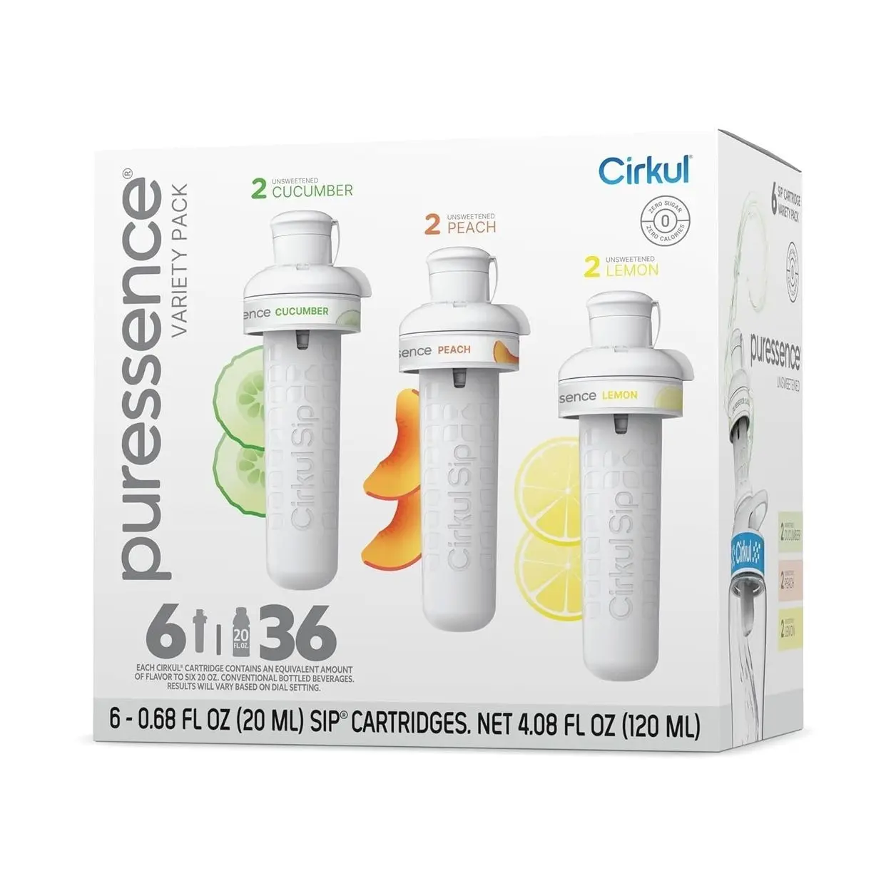 Cirkul Puressence Unsweetened Flavor Water Variety Pack, Makes 36 Drinks, No Sugar, Zero Calorie Drink Mix, (2 Cucumber, 2 Peach, 2 Lemon)