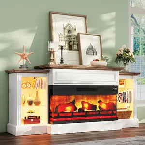 【Limited time deal】 BM-CBX 60" Electric Fireplace with Mantel, Farmhouse 3-Sided Fireplace TV Stand for TVs up to 65 Inch, Entertainment Center with Adjustable Shelves & LED Light, Distressed White
