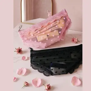 Cute Panty-Shaped pouch, Lace Heart Clear Mesh Cosmetic Pouch, Portable Travel Makeup Bag & Multi-Use Stationery Storage Case