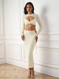 Crew Neck Cut Out Tie Bodycon Long Sleeve Skirt Set，Fashionable and Eye-catching Design Suit for Beach Vacation
