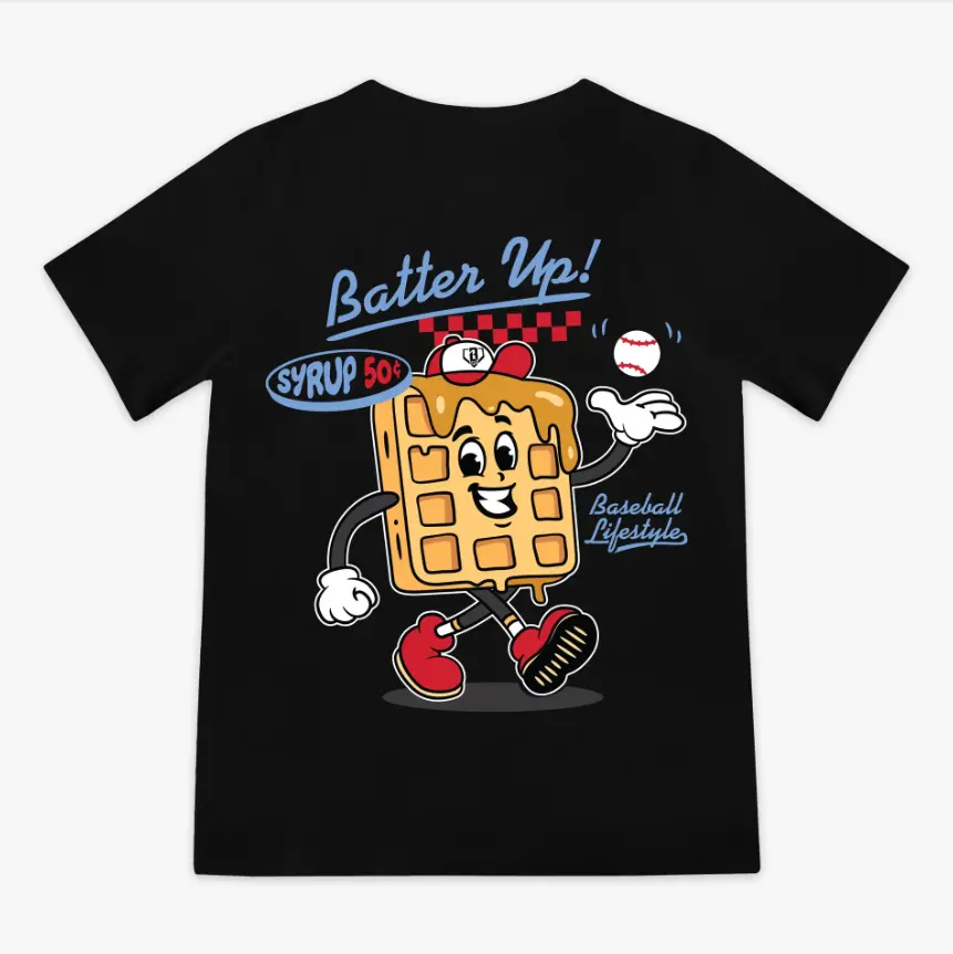 Baseball Lifestyle 101 Batter Up Youth Tee – Waffle Baseball Graphic Shirt, Youth & Adult Sizes, Fun Breakfast Game Day Tee