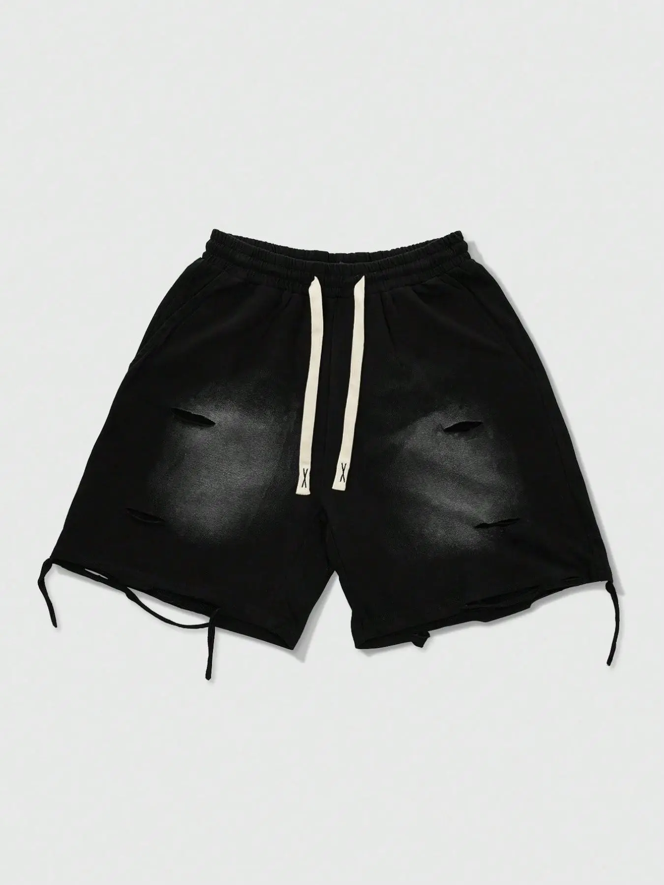Unisex design, urban minimalist style, Streetwear, vintage-inspired distressed wash shorts with drawstrings and frayed edges. Perfect for casual wear, stylish, simple, versatile, suitable for hip-hop, rock, campus, and sports activities.