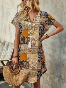 Women's Summer Casual Short Sleeve Notched V Neck Boho Patchwork Floral Midi Dress, Simple Versatile Short Skirt, Fitted Style