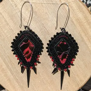 Black and Red Diamond Dangle Earrings