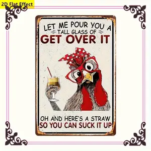 2D Flat Funny Chicken Metal Wall Decor - Vintage Farmhouse Home Decor with Red Rooster & Wine Glass Design, Humorous "Let Me Pour You a Tall Glass" Quote