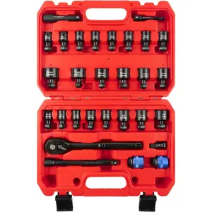29 count Swivel Socket Set, Quick Release Design, CR-MO 3/8 Swivel Sockets Metric(8-22mm)&Sae(5/16"-3/4"), Wobble Socket Set with Ratchet Wrench, Extension Bar and Adapters.