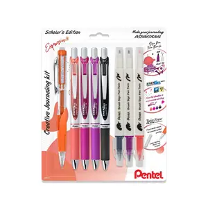 EnerGel Expressions, Journaling Kit, Liquid Gel Pens, (0.7mm) Assorted Ink, Twist-Erase Click (0.7mm), Brush Sign Pen Twin (Light Gray, Magenta, Coral Pink) 8-Pk