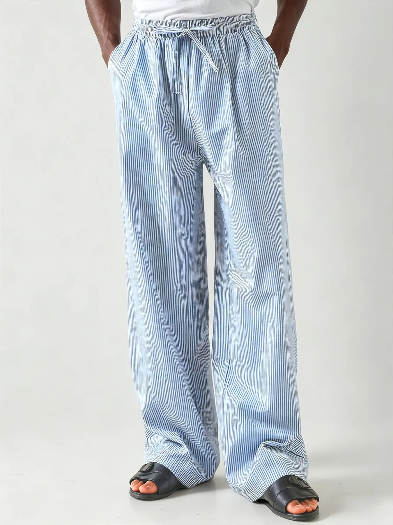 Unisex Striped Casual Fit Drawstrings Waist Baggy Wide Leg Pants, Lightweight Breathable Summer Beachwear, Casual Loose Fit Long Pants for All Seasons, Casual Sporty Trousers, Athleisure Pants