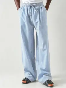 Unisex Striped Drawstring Waist Wide Leg Pants, Lightweight Breathable Summer Beachwear, Casual Loose Fit Long Pants for All Seasons
