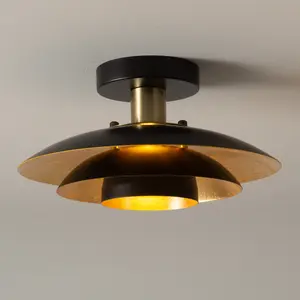 Rancho Mirage Flush Mount Ceiling Light - Matte Black & Gold-Leaf Shade, Weathered Brass
