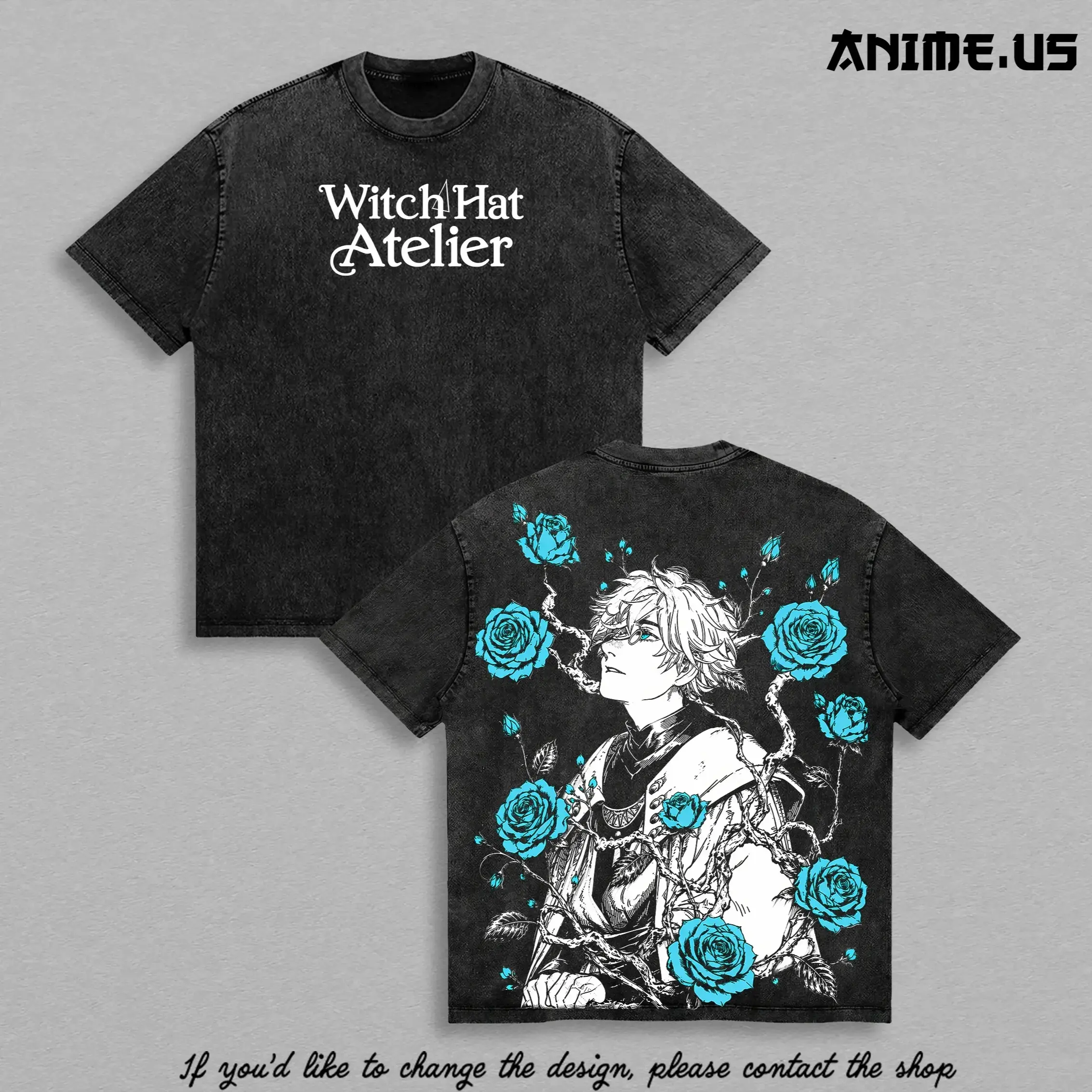 Qifrey Blue Rose Witch Hat Atelier Anime Shirt Vintage Washed Heavyweight Cotton Oversized Fantasy Manga Graphic Tee Unisex