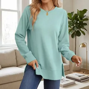 Women's Fashion Side Split Sweatshirt - Long Sleeve Fall 2025 Trending Shirts Comfortable Casual Pullover Perfect for Daily Wear Autumn Winter Season Stylish Loose Fit Top