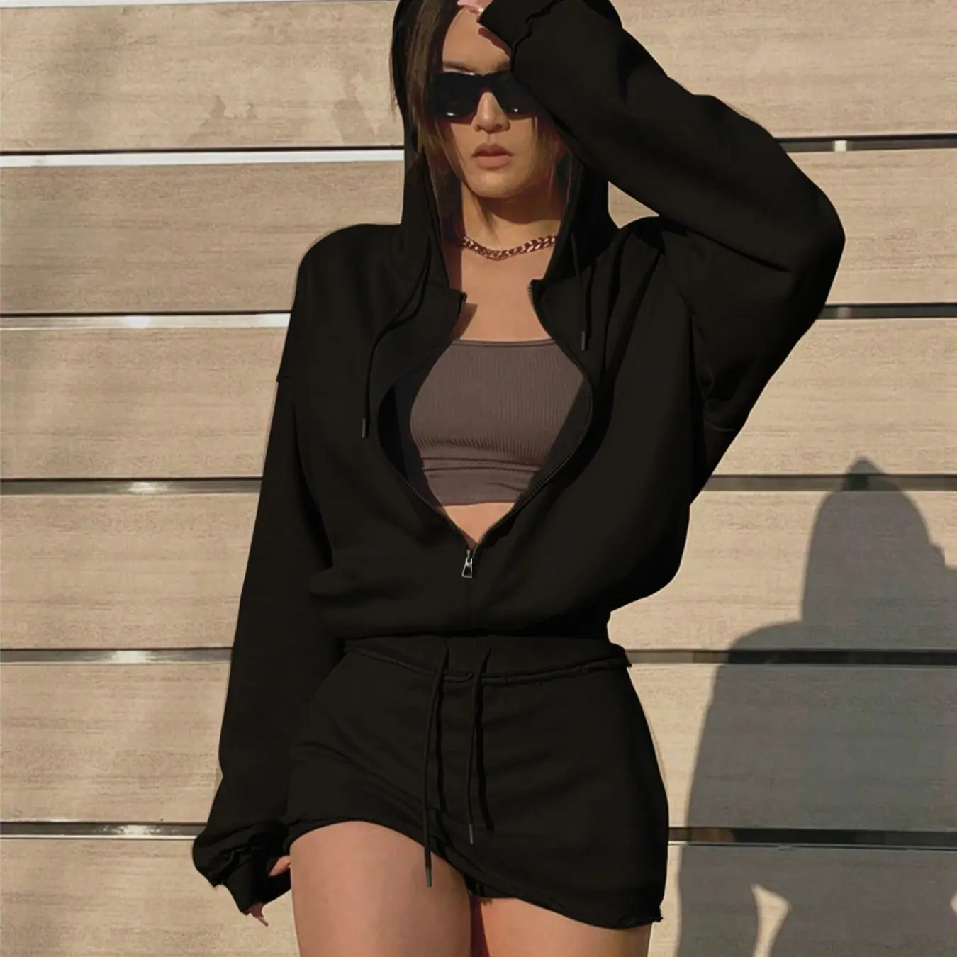 Women's Two-Piece Hooded Sweatshirt Set, Drawstring Zipper Long Sleeve Top, Elastic Waist Short Skirt Pants, Casual Fall Clothes