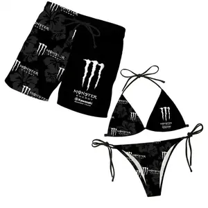 Couples' Monster Energy Inspired Swimwear Set - Women's Floral Bikini, Men's Beach Shorts, Tropical Hawaiian Summer Vacation Pool Party Outfit
