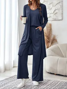 Minimalist Comfort Basic Three-Piece Set, Long Cardigan + Tank Top + High Waist Wide Leg Pants, Soft Skin-Friendly Casual Home/wear Womenswear