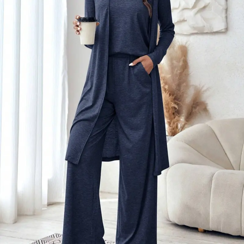 Minimalist Comfort Basic Three-Piece Set, Casual Lounge Sets, Long Cardigan + Top + High Waist Wide Leg Pants, Soft Skin-Friendly Casual Home Wear Womenswear, Long Sleeve, Loungewear