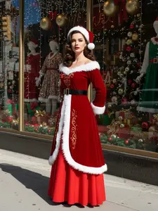 Red 1930s Christmas Velvet Faux Fur Trim Dress with Elastic Waist & Slight Stretch for Women Ankle Length Dress with Belt Elegant Formal Formal Wear Long Sleeve Womenswear