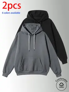 2-pack: men’s hooded sweatshirt, men’s sweatshirt. Loose fit that conceals curves and gives a slimmer look; drawstring kangaroo pockets offer practicality. Soft, comfortable, skin-friendly fabric; minimalist solid-color design; available in multiple color