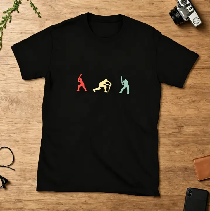 Vintage Retro Cricket Silhouette Graphic T-Shirt for Men, Casual Sport Short Sleeve Tee, Trendy Athletic Daily Wear Top for Cricket Lovers, Soft Crew Neck Everyday Outfit for Guys, Neutral Unisex Sports Fan Basic Tee