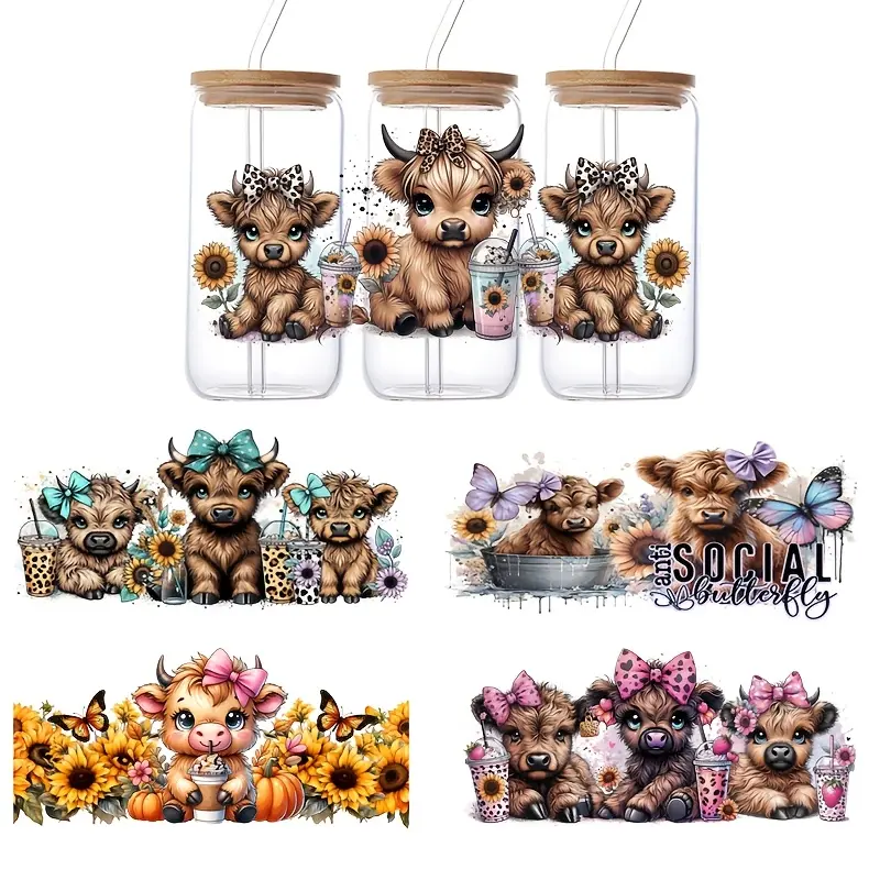5Pcs Cute Cow with Bow Design UV DTF Heat Transfer Stickers Set, Cartoon Patterns, Waterproof & Scratch-Resistant 3D Vinyl Film Decals, High-Quality DIY Art Crystal Labels for Glassware & Mugs