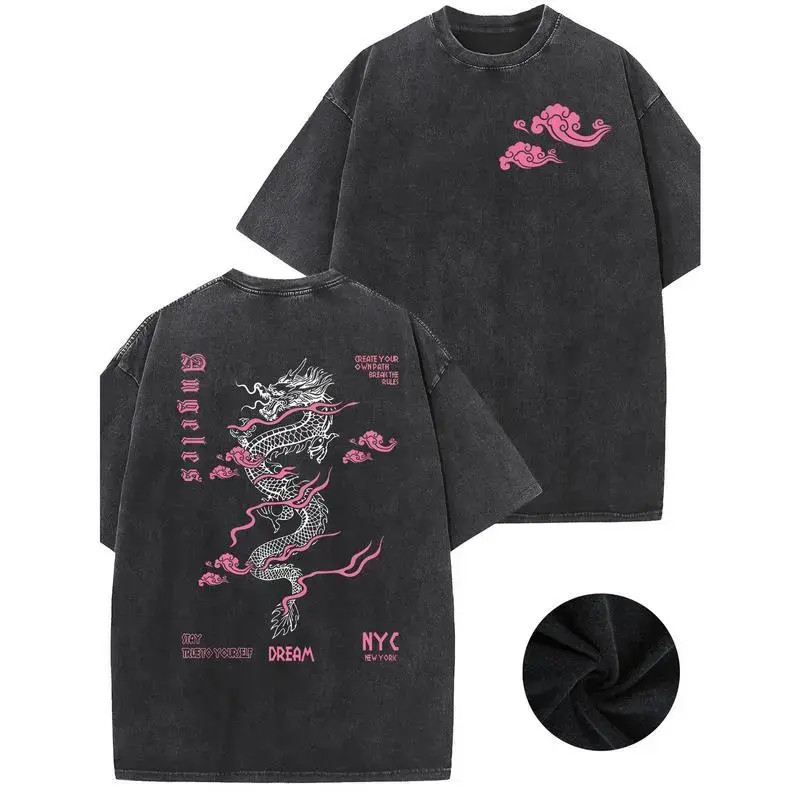 Men's Vintage Round Neck Graphic Tee - Distressed Chinese Dragon, Double-Sided Print, Breathable Cotton Top for Casual Summer Wear (Vintage T Shirts, Men's Graphic Tees)