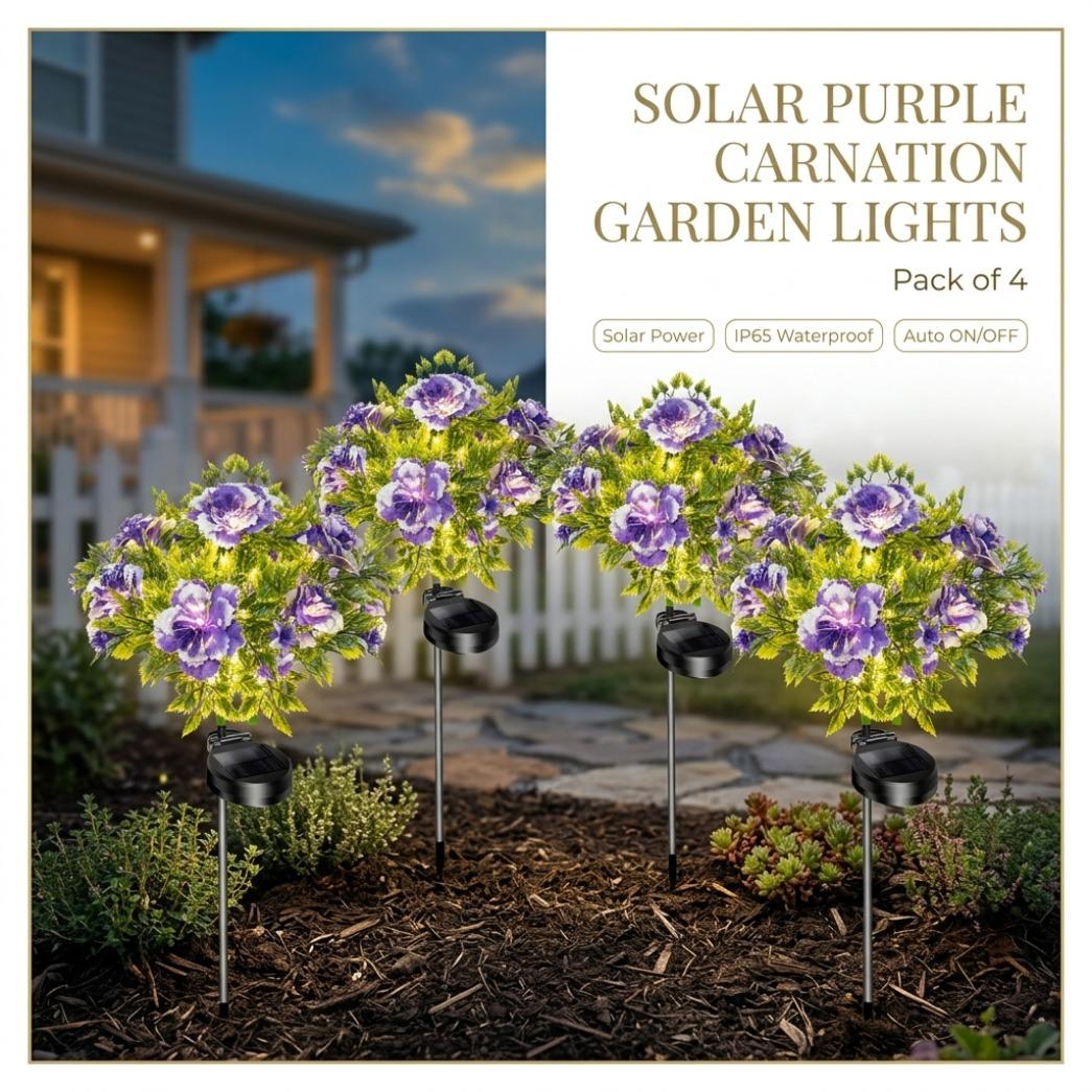4 Pack Solar Purple Carnation Flower Garden Lights, IP65 Waterproof Outdoor Decor