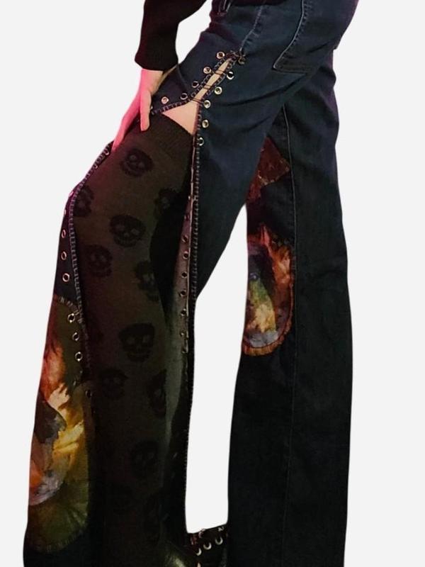 Upcycled Alice Cooper Safety Pin Jeans - Womenswear Extra Wide Leg Denim - Sustainable Music Fashion with Iconic Graphic Design All Seasons