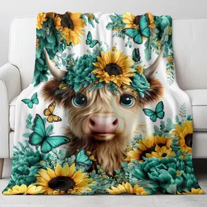 Highland Cow Blanket With Butterflies Highland Cow Gifts For Women Girls Teens Cute Cow Sunflower Pattern Blanket For Bed Couch Sofa Travel