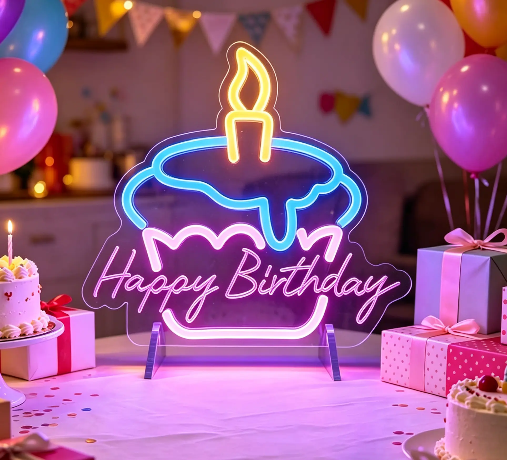 HAPPY BIRTHDAY birthday cake neon sign suitable for weddings, engagements, holiday celebrations, holiday atmosphere, and table decoration for birthday parties lights