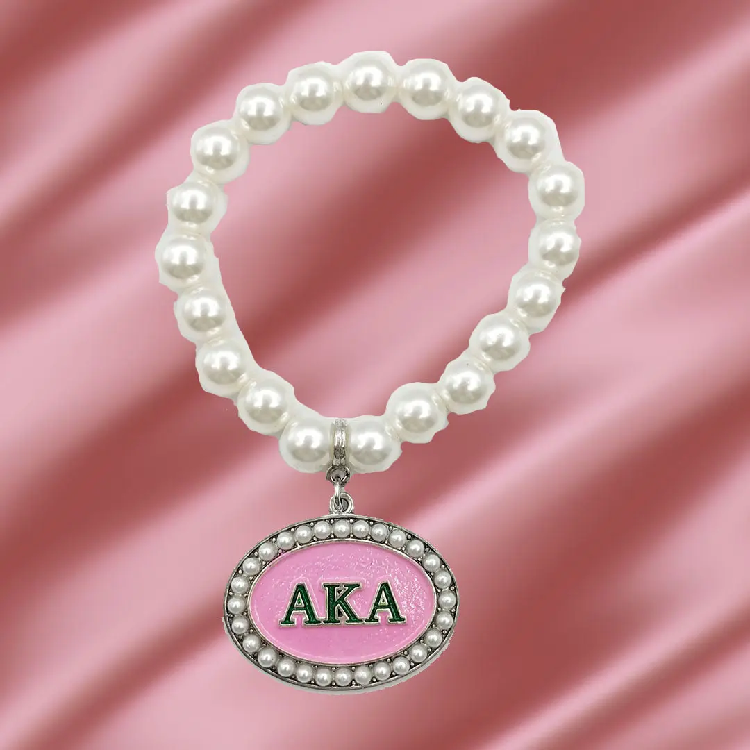 Alpha Kappa Alpha Pearl Oval Charm Elastic Bracelet