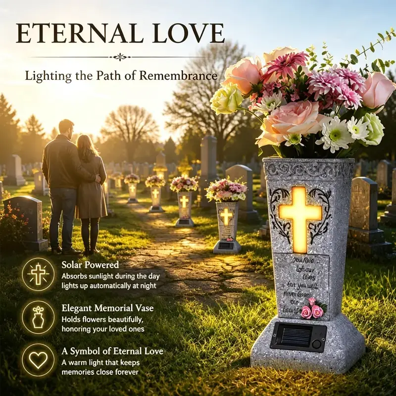 Bronze Solar LED Rechargeable Plastic Memorial Grave Vase with Ground Spike, Weatherproof Garden Decor for Fresh/Artificial Flowers, Outdoor Cemetery Tribute Gift