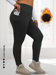 Women's Fleece Lined High Waist Leggings, Solid Color Warm Pants, High Elasticity, Side Pockets, Fall & Winter Comfortable Wear