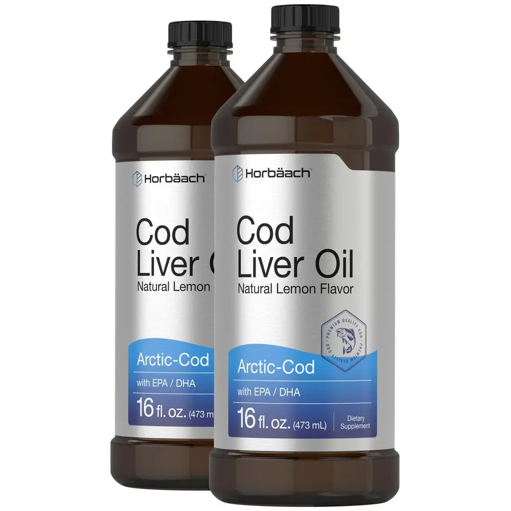 Horbäach Arctic Cod Liver Oil with EPA/DHA | 2 x 16 fl oz | Natural Lemon Flavor | Non-GMO & Gluten Free Liquid Supplement