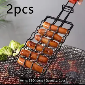 2pcs Uniform Heat Grilling Tongs for Sausages, Non Stick Grid Hot Dog Basket Style, for Food Enthusiasts Camping Barbecues Night Market Stalls, Perfect for Grilling Sausages Without Crushing, Easy Clean Non Stick