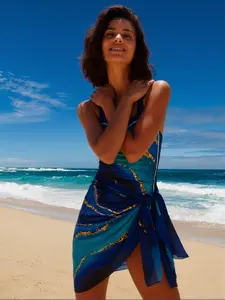 XJN Blue Gold Marble One-Piece Swimsuit with Sarong | Beach Vacation Swimwear outdoorfun