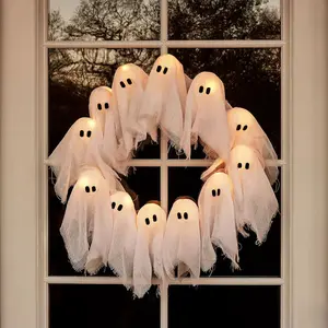 2025 LED Illuminated Halloween Ghost Wreath - Outdoor Wall Decoration and Front Door Hanging Decor