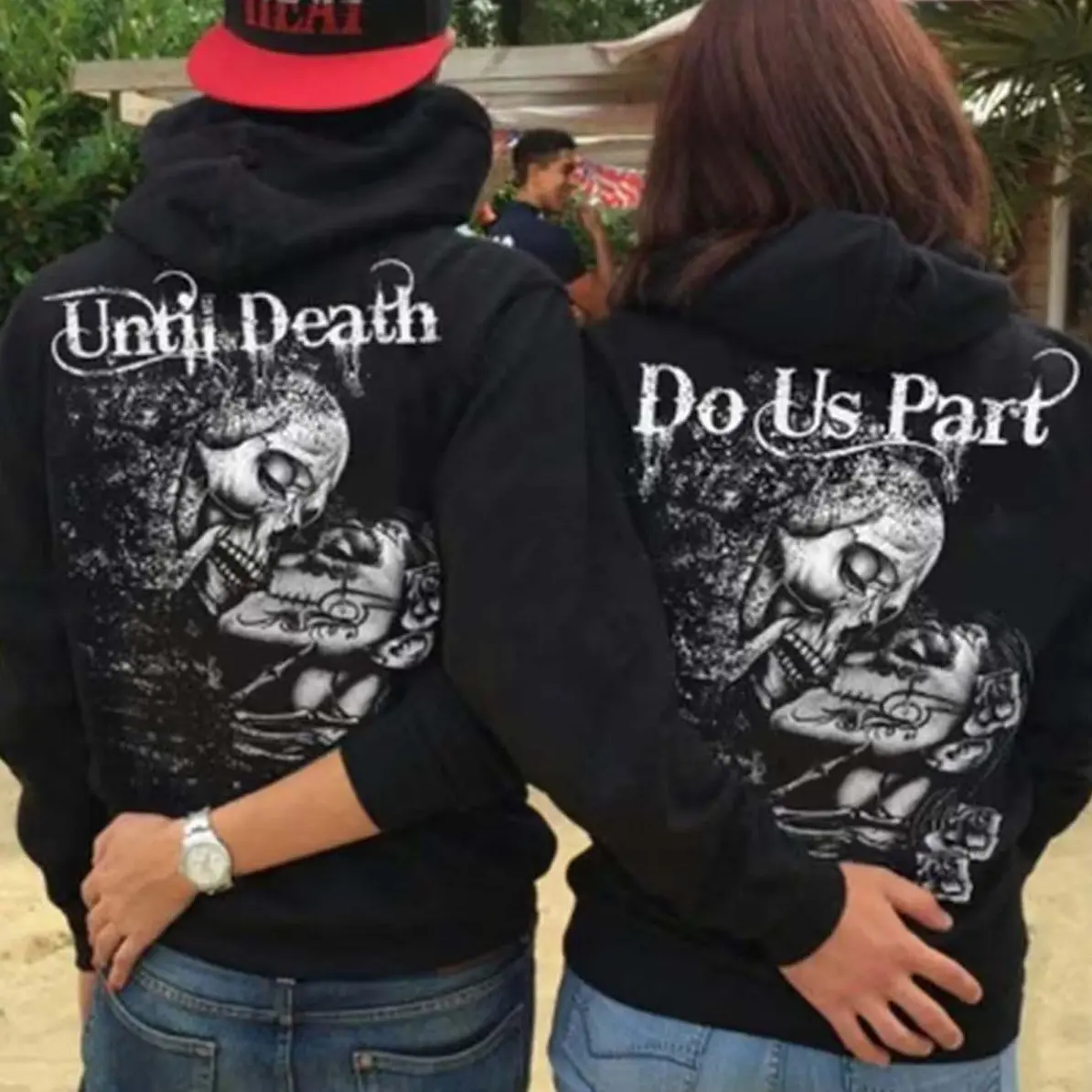 Until Death Do Us Part Couple Hoodies Set Matching Black Wear for Beach or Park Graphic Hoodie Casual Streetwear Fleece Fabric Pullover Hooded Sweatshirt Trendy Halloween Tops Collection for Women for Men, Perfect Gift