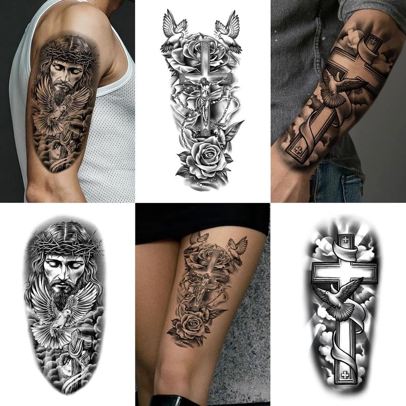 77 Sheets Christian Temporary Tattoo Adult, Religious Jesus Christ Cross Angels God Half Arm Fake Tattoos, Christ Catholic Realistic Tiny Body Temporary Tattoos for Men and Women Kids