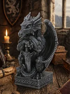 The Armored Kingdom Draconian Sword Guardian Dragon Statue - Fiberglass Mini-Size, Iridescent Scales, Sword of Valor, Winged Home Decor Collectible Figurines, Standing Ornament Gift for Fantasy Enthusiasts