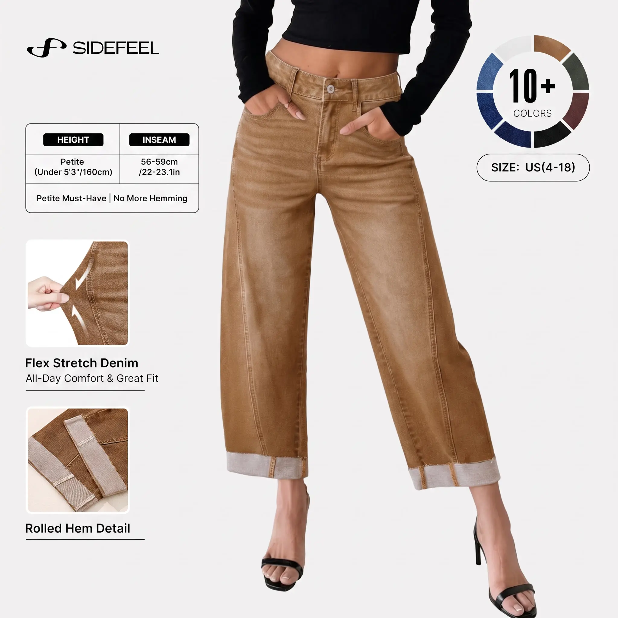 Sidefeel Barrel Jeans for Women High Waisted Wide Leg Baggy Stretchy Trendy Raw Rolled Hem Cropped Ankle Denim Pants Basic Fall Outfit