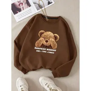 Women's Cartoon Bear Print Hoodie, Casual Loose-Fit Sweatshirt, Thick Fabric, Spring & Fall Home Wear, Comfortable Lounge Top