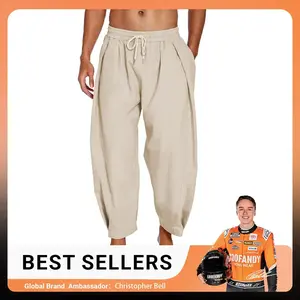 Men’s cotton–linen harem pants with drawstring and casual cut, lightweight and loose beach yoga pants with pockets, skin‑friendly men’s loose canvas elastic hippie soft suit underwear, flat, machine washable bestseller GARMENTARY